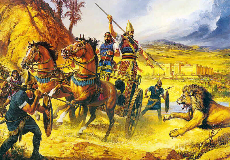 Ассирийский царь с колесницы охотится на львов