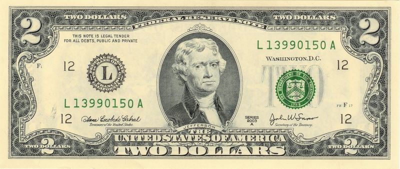 Американская банкнота номиналом в 2 доллара