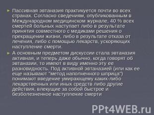 Пассивная эвтаназия практикуется почти во всех странах. Согласно сведениям, опуб