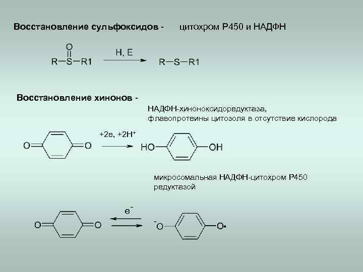 Восстановление сульфоксидов - цитохром Р 450 и НАДФН Восстановление хинонов НАДФН-хиноноксидоредуктаза, флавопротеины цитозоля в