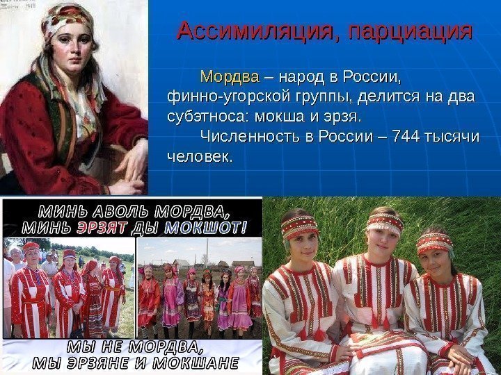  Ассимиляция, парциация Мордва – народ в России, финно-угорской группы,