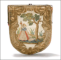Сумочка в форме щита, оформленная вышивкой с деревенскими мотивами. Франция, 1700-1730-е годы