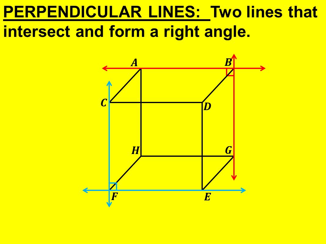 PERPENDICULAR LINES: Two lines that intersect and form a right angle.