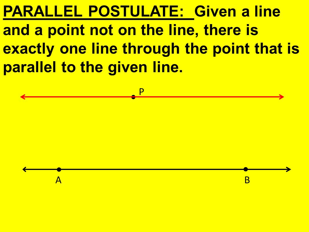 PARALLEL POSTULATE: Given a line and a point not on the line, there is exactly one line through the point that is parallel to the given line.