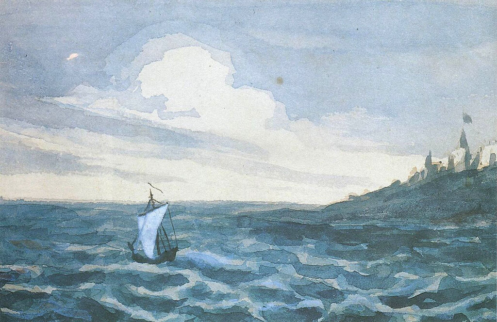 + Морской вид с парусной лодкой, фрагмент, акварель. 1828—1831.jpg