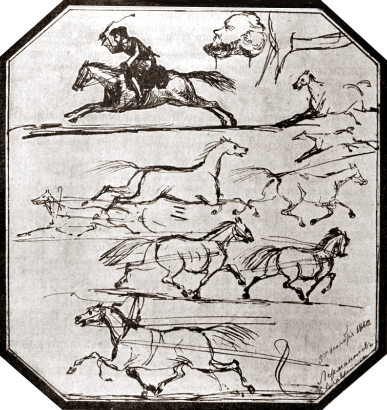 Мужская голова, скачущий всадник, лошади, бегущие в разных направлениях. Наброски 1840.png