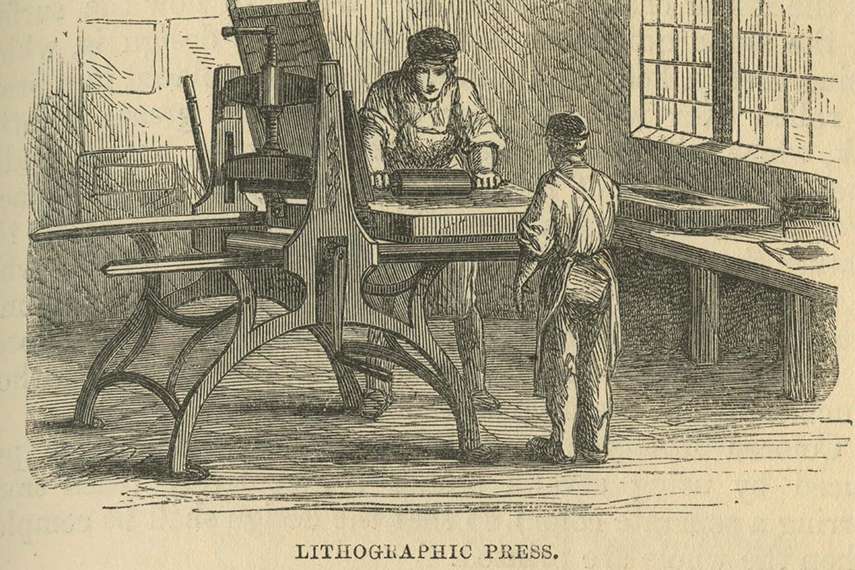 Литографская печатная машина в книге Элиши Нойс «Мальчишеская книга промышленной информации», 1858