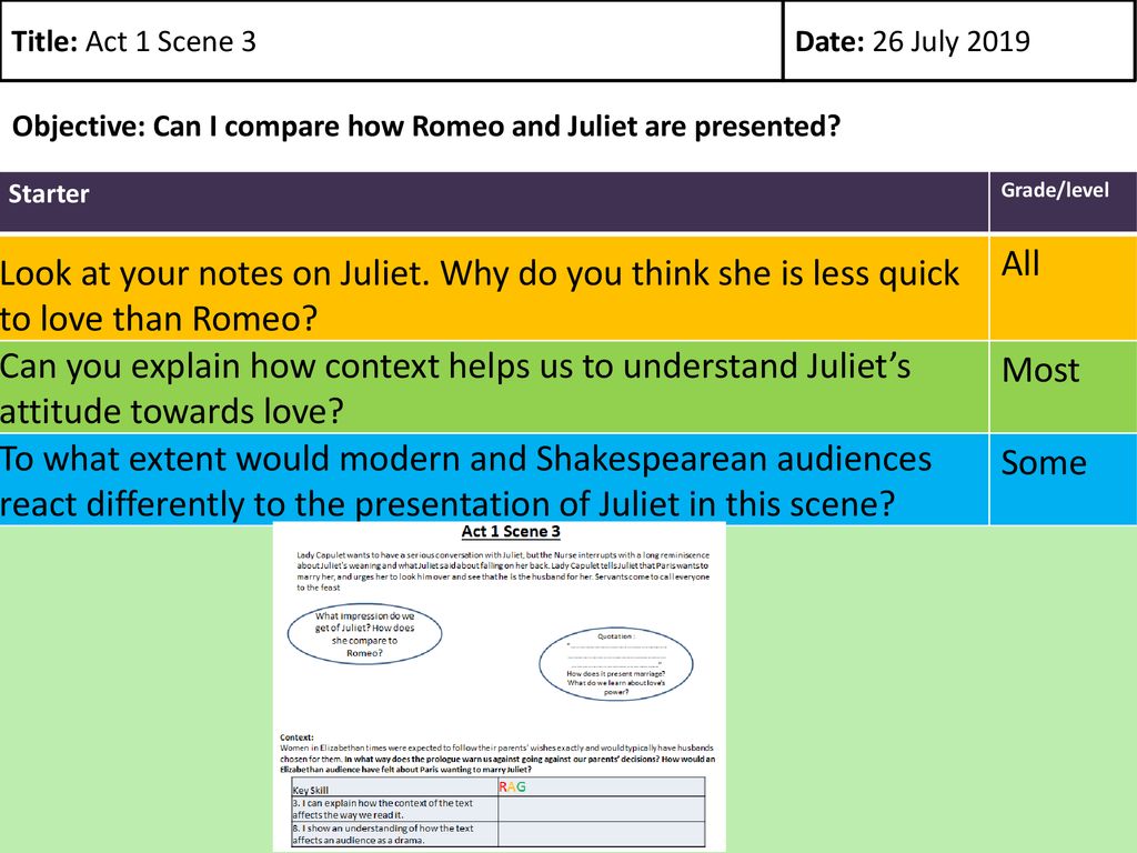 Title: Act 1 Scene 3 Date: 26 July Objective: Can I compare how Romeo and Juliet are presented