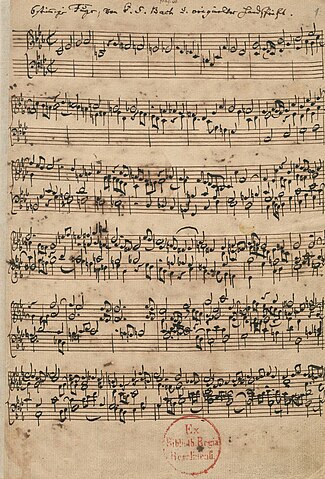 Начало шестиголосной фуги из «Музыкального приношения», автограф Баха