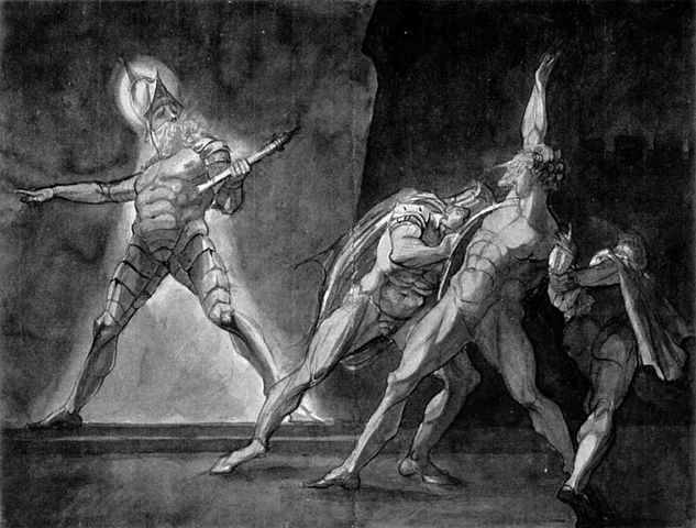 Гамлет, Горацио, Марцелл и призрак отца Гамлета. Генри Фюзели, 1780—85. Кунстхаус (Цюрих)